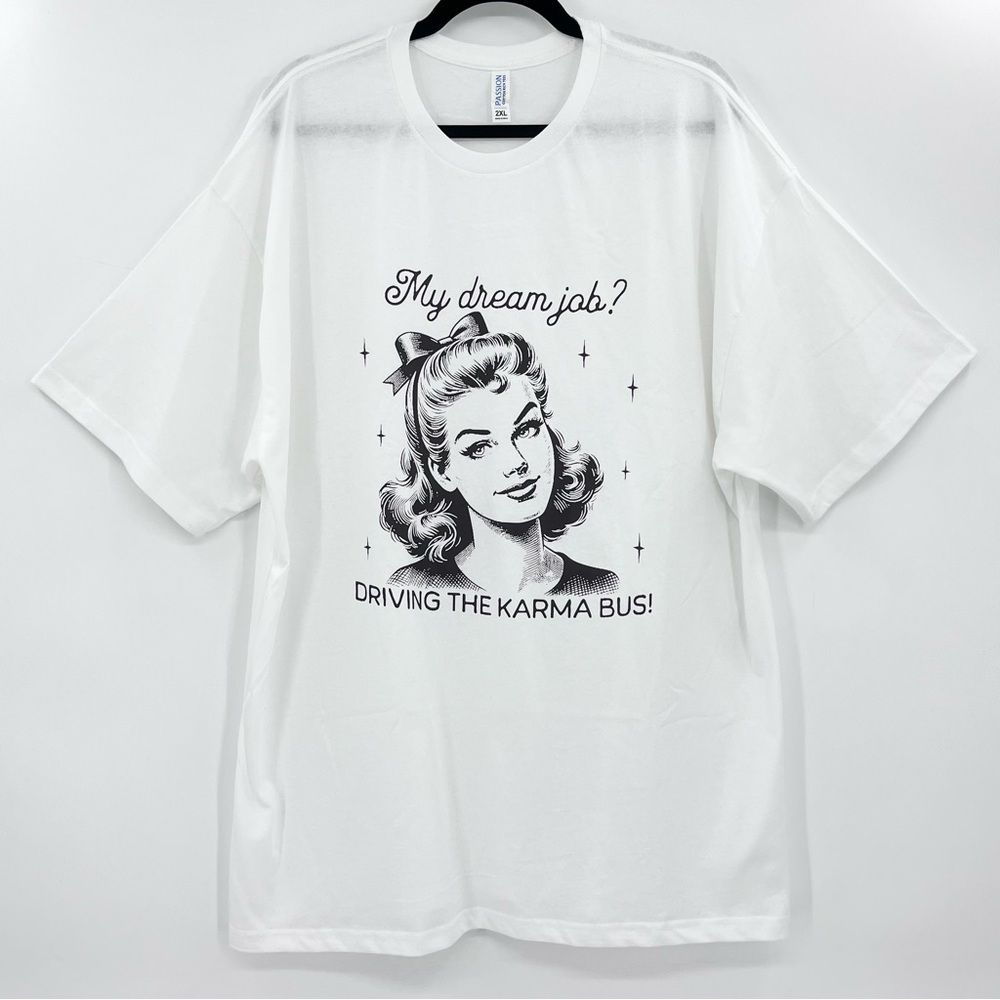 NEW Retro Rockabilly KARMA BUS 100% Cotton White Relaxed Fit Crewneck Tee 2XL